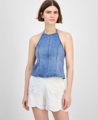 And Now This - Petite Denim Halter-Neck Seamed Top