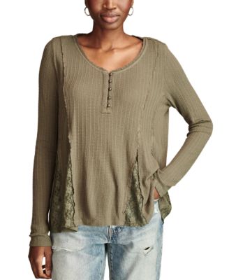 Lucky Brand - Women's Henley V-Neck Lace-Godet Swing Top