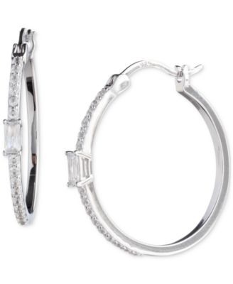 Ralph Lauren - Sterling Silver Medium Mixed-Cut Cubic Zirconia Hoop Earrings, 1.1"