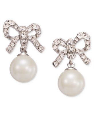 Charter Club - Silver-Tone Pav&eacute; Bow & Imitation Pearl Drop Earrings