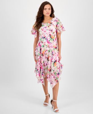 Robbie Bee - Women's Floral Clip-Dot Cowlneck Asymmetric Dress