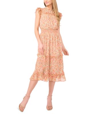 CeCe - Women's Smocked Waist Ruffle Tiered Midi Dress