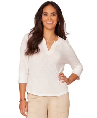 Democracy - Petite 3/4-Sleeve Split Neckline Knit Top