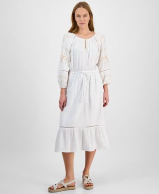 Style & Co - Petite Cotton Embroidered Ladder-Trim Midi Dress