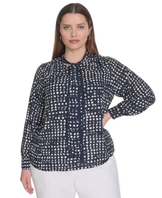 Calvin Klein - Plus Size Printed Tie-Neck Long-Sleeve Blouse