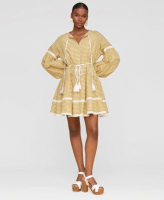 Avec Les Filles - Women's Cotton Lemon-Print Split-Neck Prairie Mini Dress
