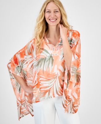 Kasper - Women's V-Neck Printed Chiffon Poncho