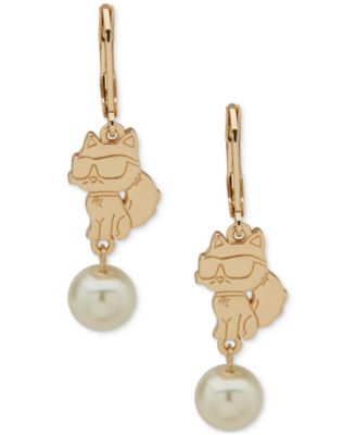 KARL LAGERFELD PARIS - Gold-Tone Choupette & Imitation Pearl Double Drop Earrings